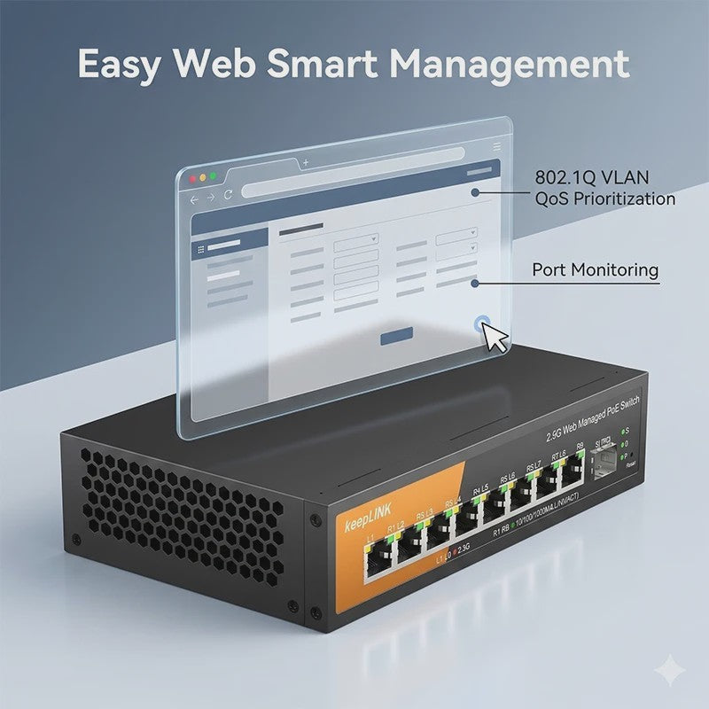 KeepLink 9-Poorts 2.5G/10G Web Managed PoE Switch | 135W | 8x 2.5Gbps PoE | 1x 10Gbps SFP+