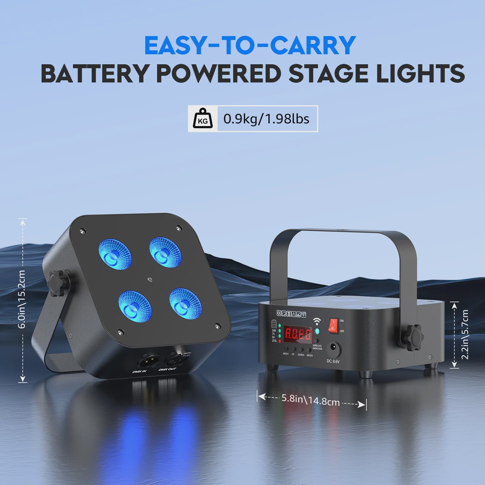 Set van 8 Oplaadbare Mini Par LED Spots (4x18W RGBWAUV) met Flightcase