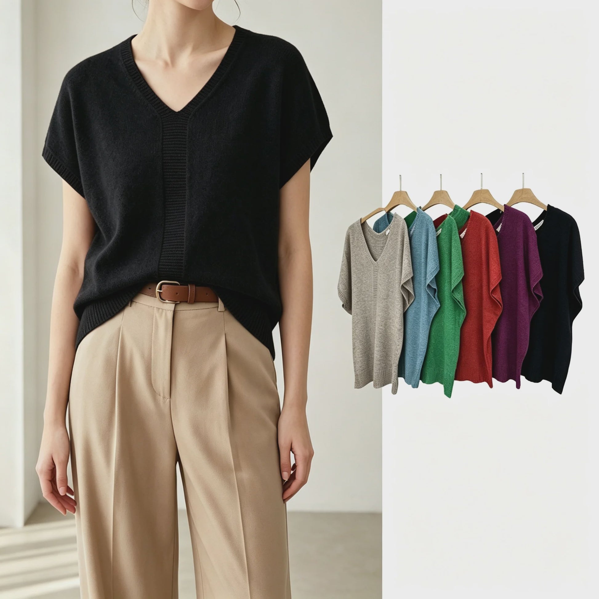 Oversized V-hals Trui Dames - Korte Mouw Gebreid Top