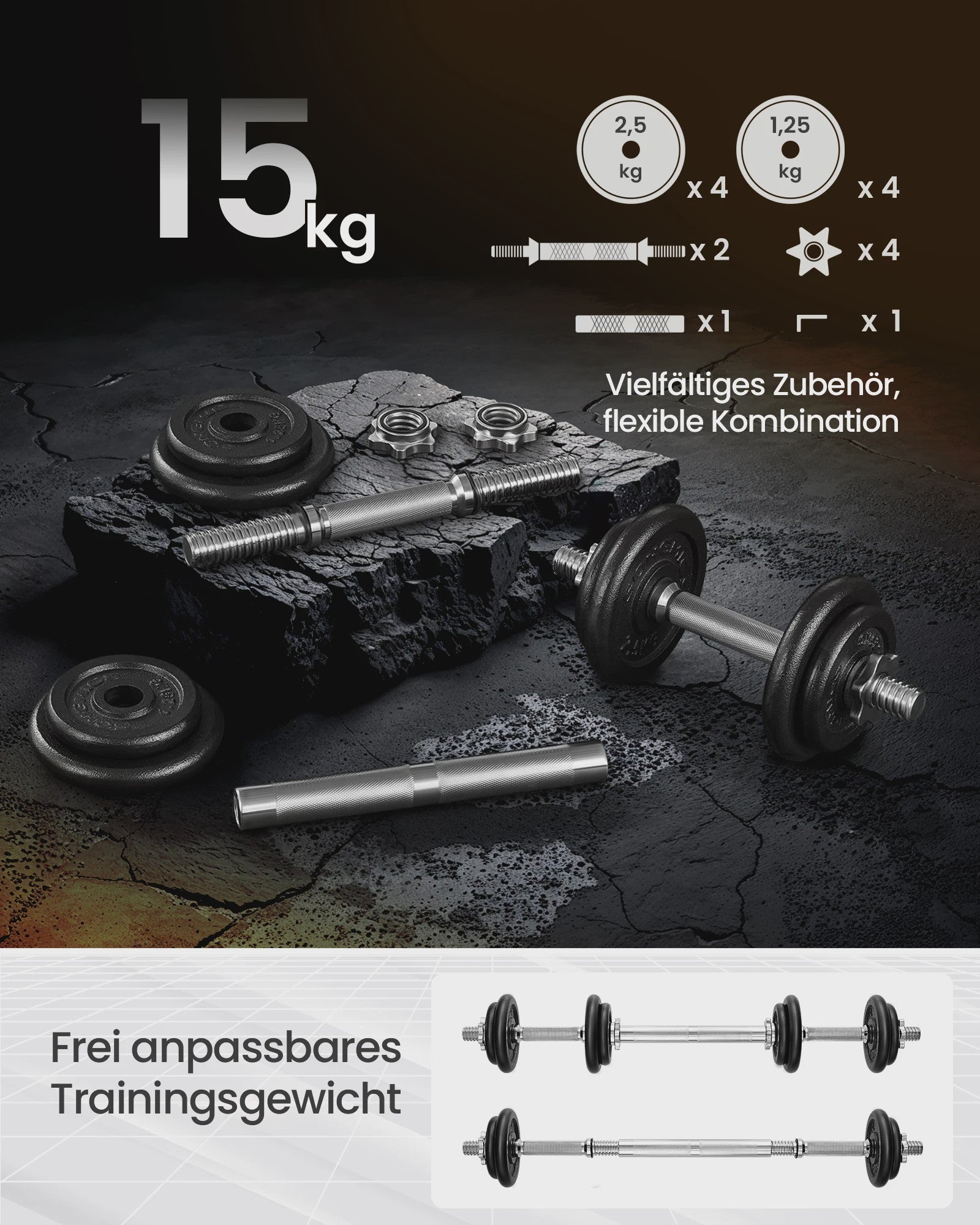 SONGMICS Verstelbare Dumbbell Set - 2 x 15 kg (Totaal 30 kg) - Kort & Flexibel