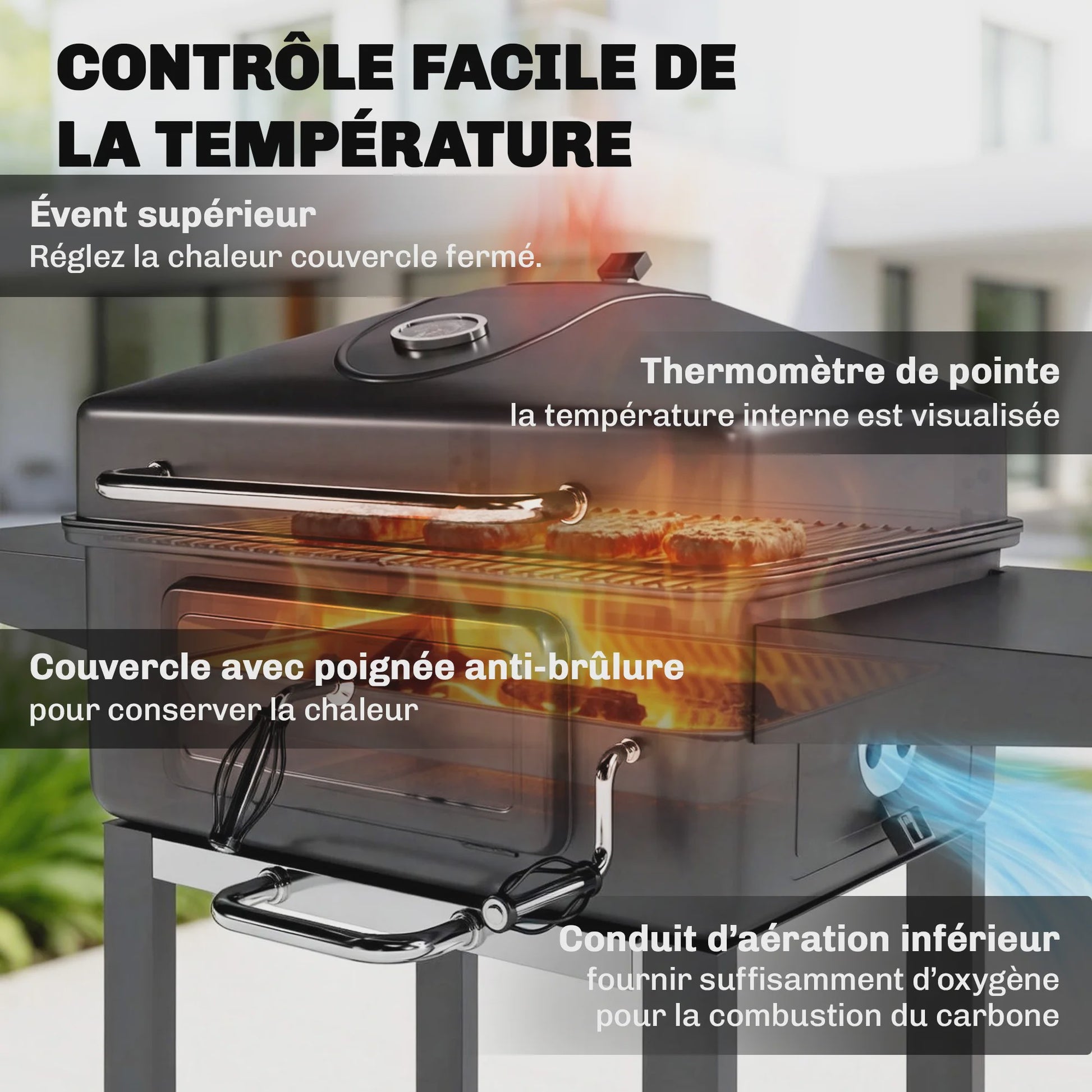 Outsunny XXL Houtskool Barbecue Tuinwagen Grill met Deksel, Aslade en Ventilatieroosters - 112cm Zwart