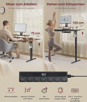 VASAGLE Elektrisch In hoogte Verstelbaar Bureau met Monitorverhoger en Lade - Ergonomisch Werken