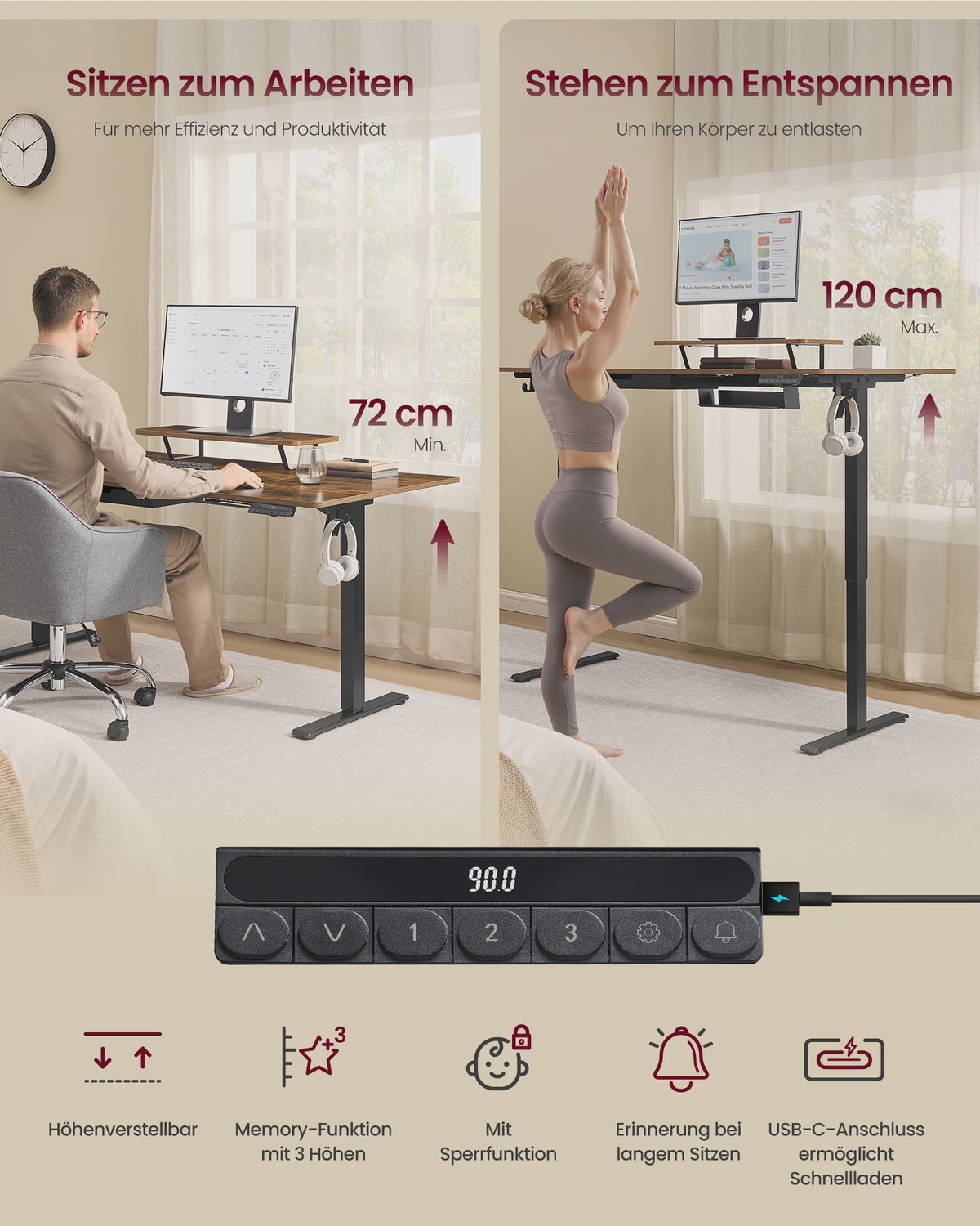 VASAGLE Elektrisch In hoogte Verstelbaar Bureau met Monitorverhoger en Lade - Ergonomisch Werken