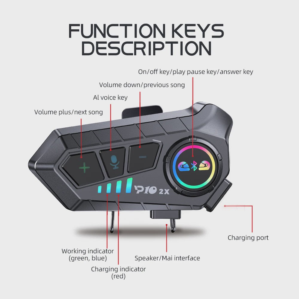 Kebidumei YP10 2X Motorhelm Intercom Headset - Bluetooth 5.3, 300m Bereik, Waterdicht