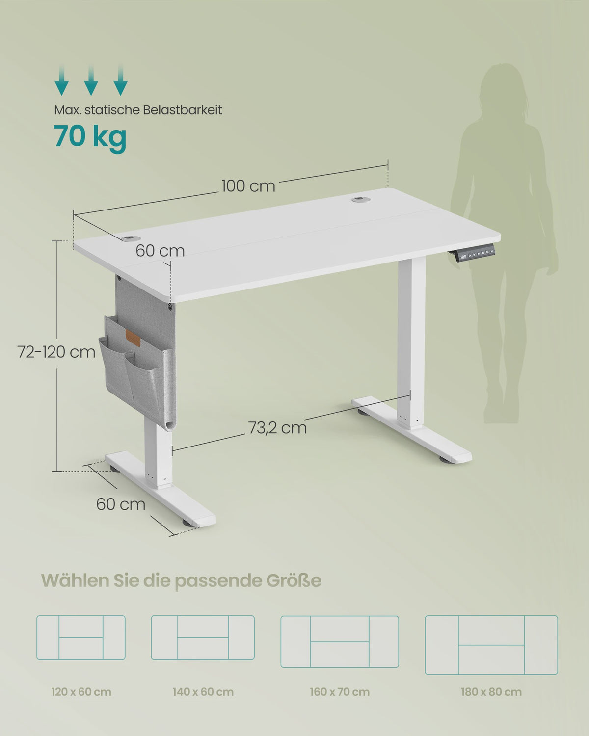 SONGMICS Elektrisch Inhoogte Verstelbaar Bureau 100x60 cm met USB-C en Memory Functie