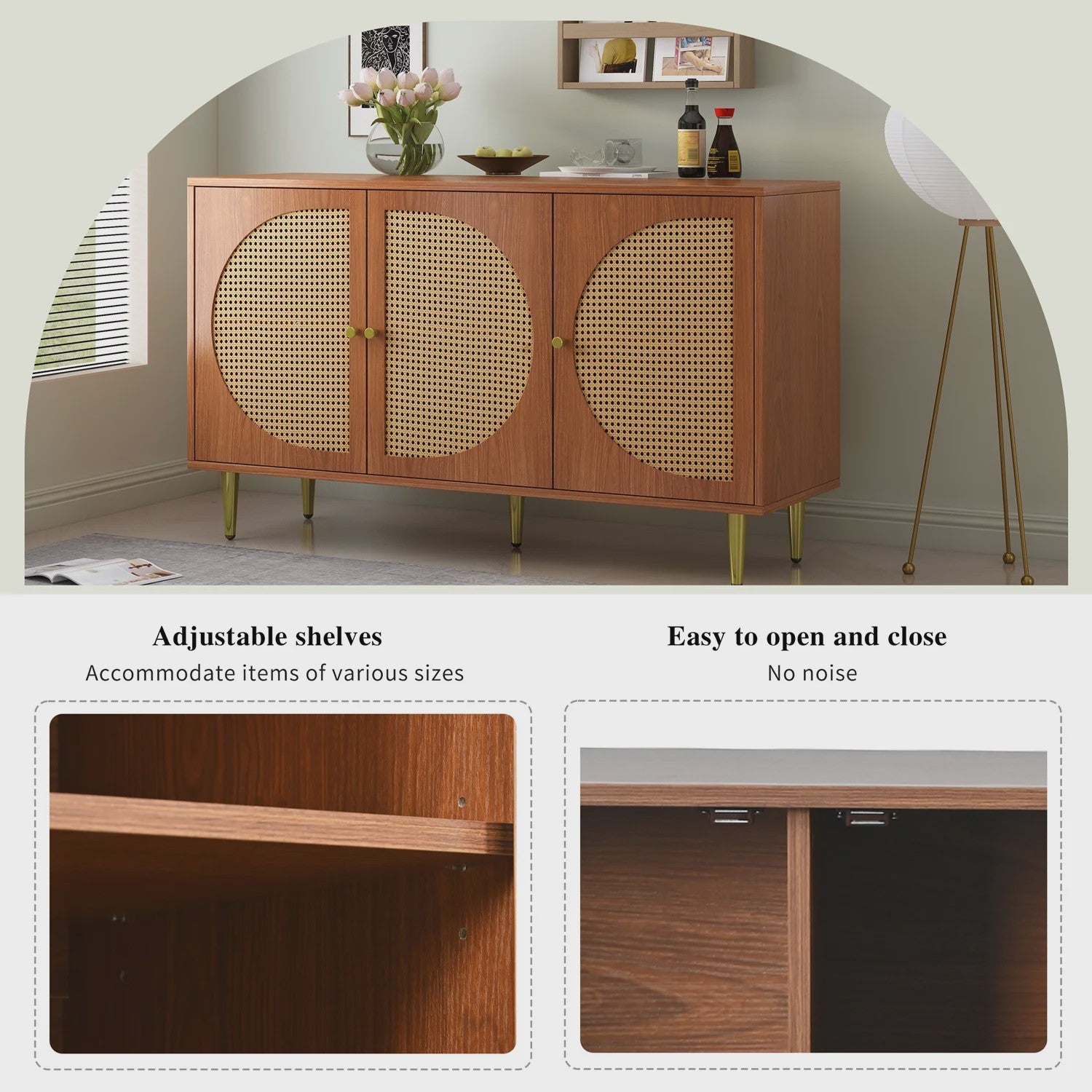 Stijlvol Dressoir met 3 Rotan Deuren en Metalen Handgrepen - Woonkamer & Slaapkamer Kast