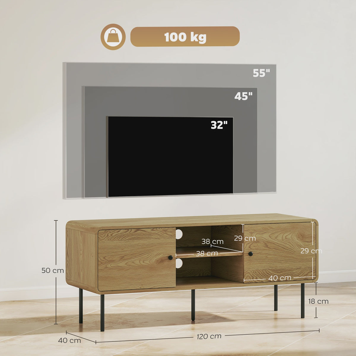 Moderne TV Meubel 120cm Eikenhout Look met Afgeronde Hoeken en Kabelmanagement - Geschikt voor TV's tot 55 Inch