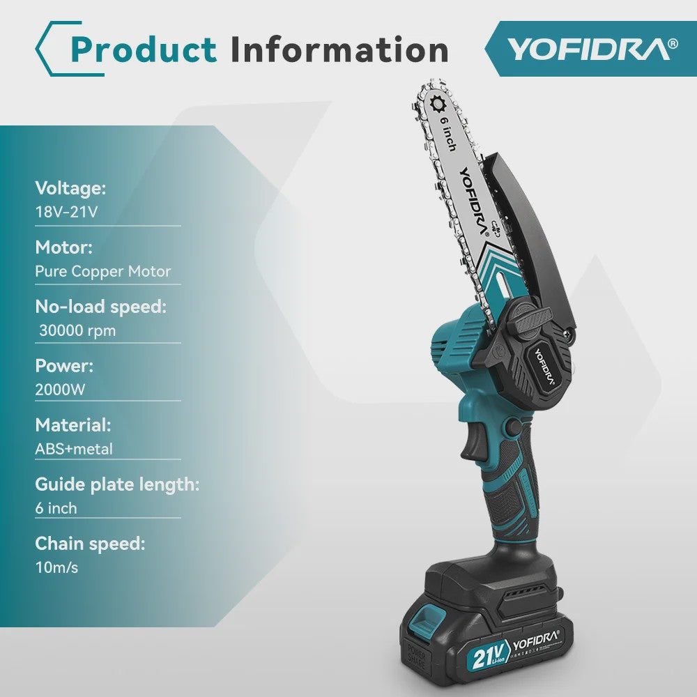 YOFIDRA 6-Inch Snoerloze Elektrische Kettingzaag - Krachtig Snoeien & Houtkloven (21V Batterij)