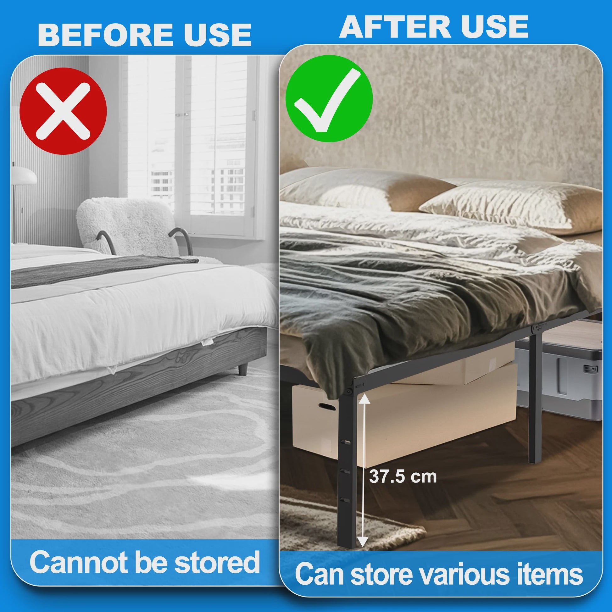 Robuust Metalen Bedframe met Lattenbodem - 37.5cm Opbergruimte