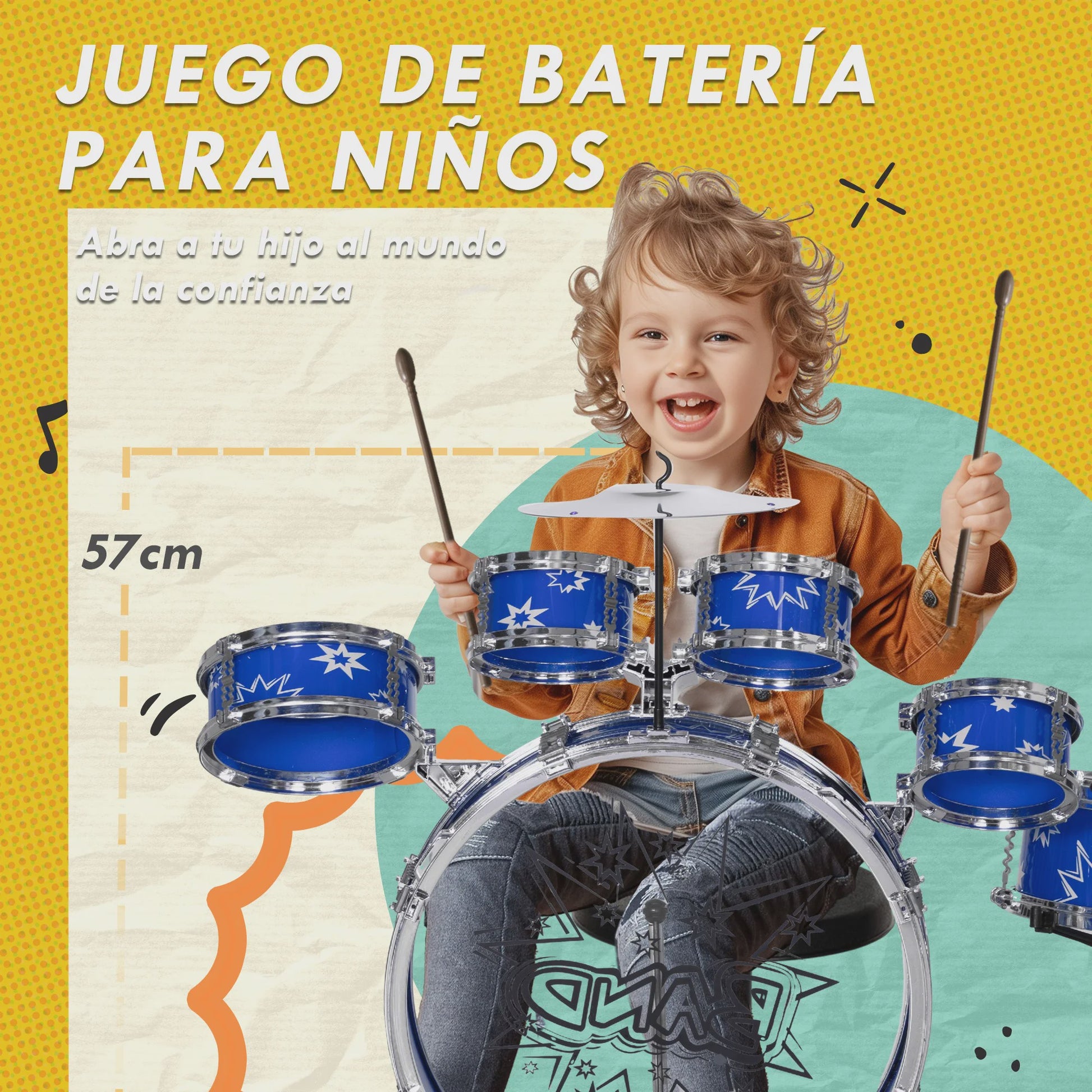 Aiyaplay Kinder Drumstel met Sterren Thema en Krukje - 65x22x57 cm