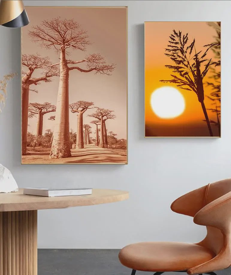 Canvas Poster Set: Leeuw, Giraffe, Olifant, Ballonvaart & Natuurlandschap