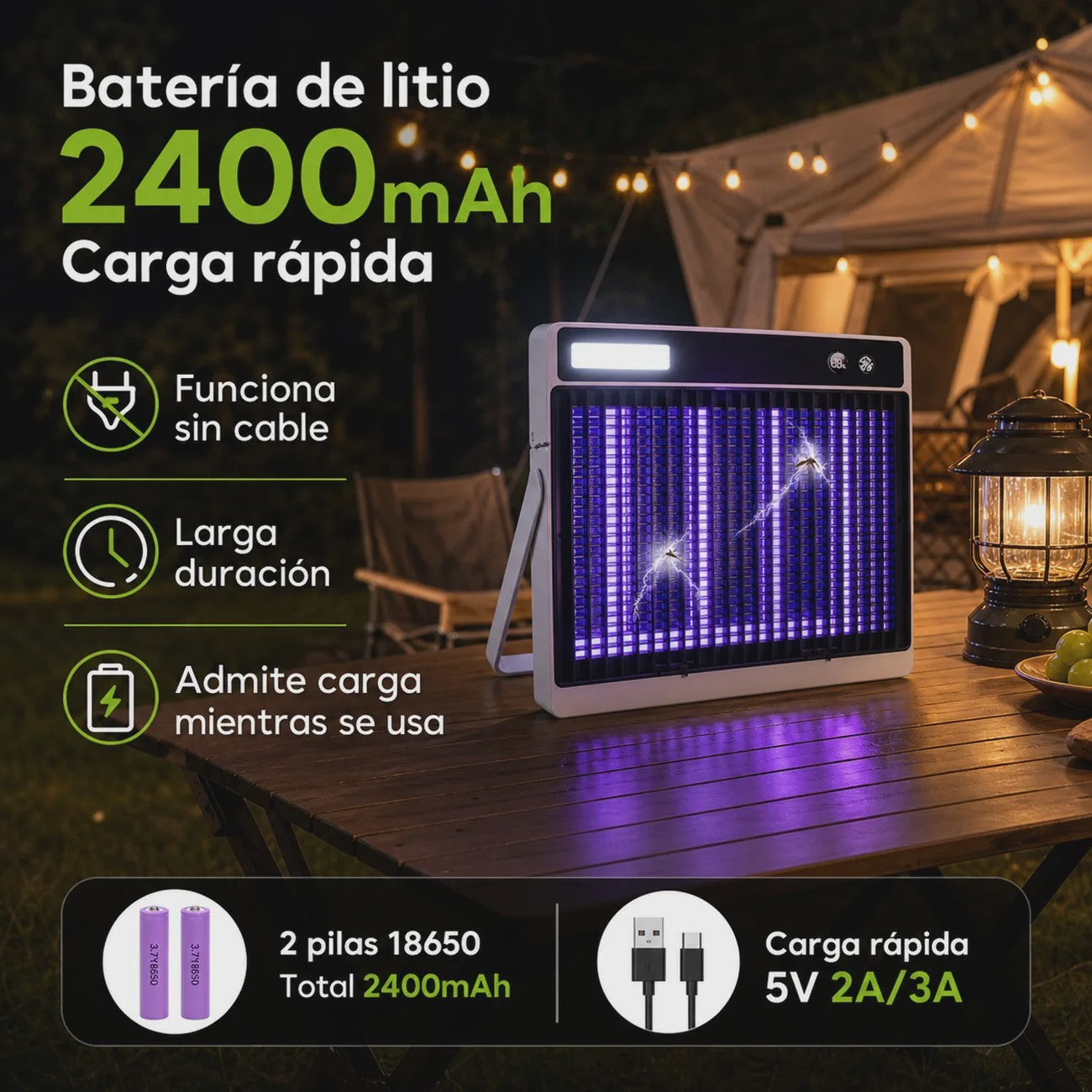Elektrische Muskietenlamp 3000V UV LED, Oplaadbaar 2400mAh, Binnen/Buiten, Noodverlichting