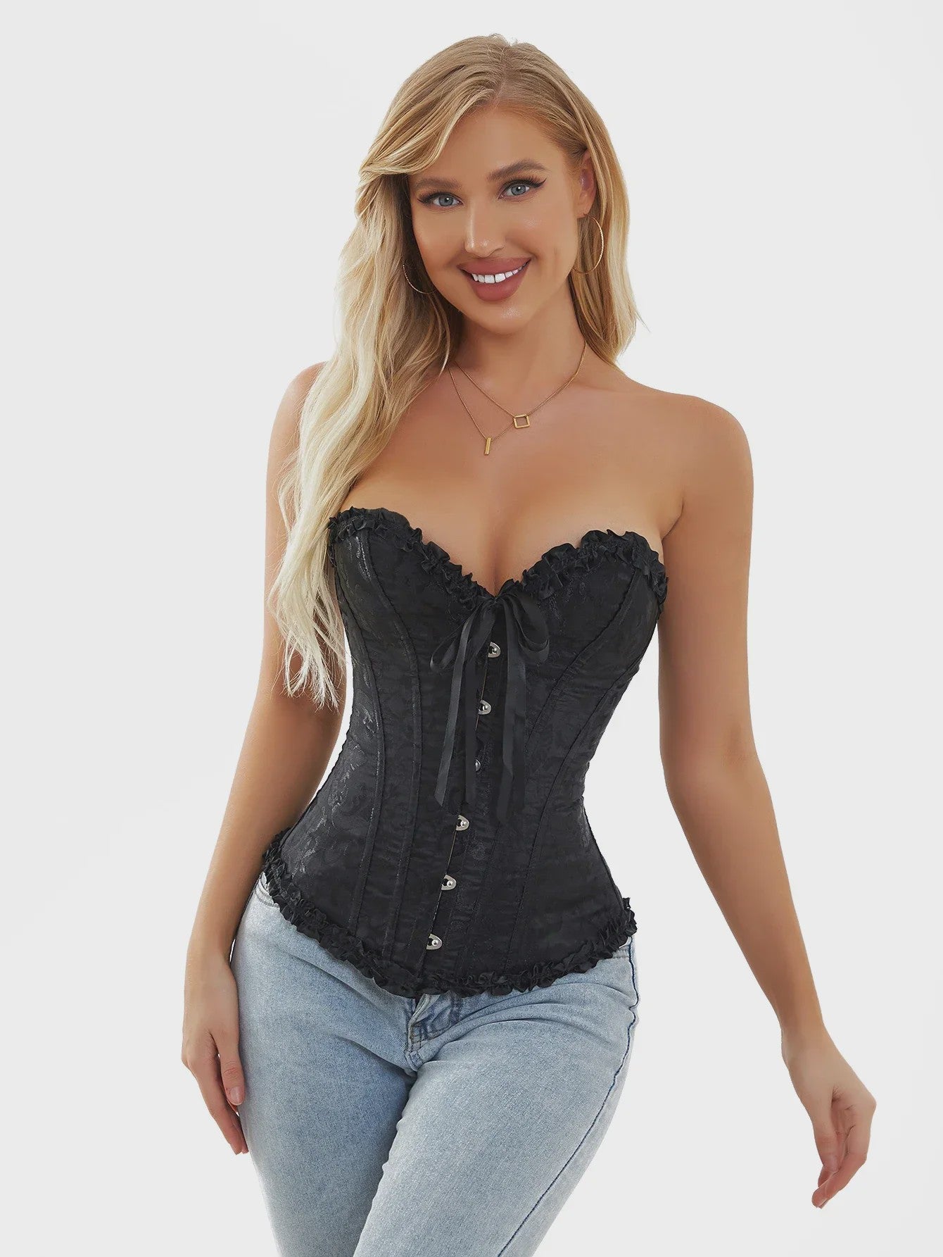Victoriaans Jacquard Corset Top met Kant en Bloemenprint - Sexy Bustier voor Dames