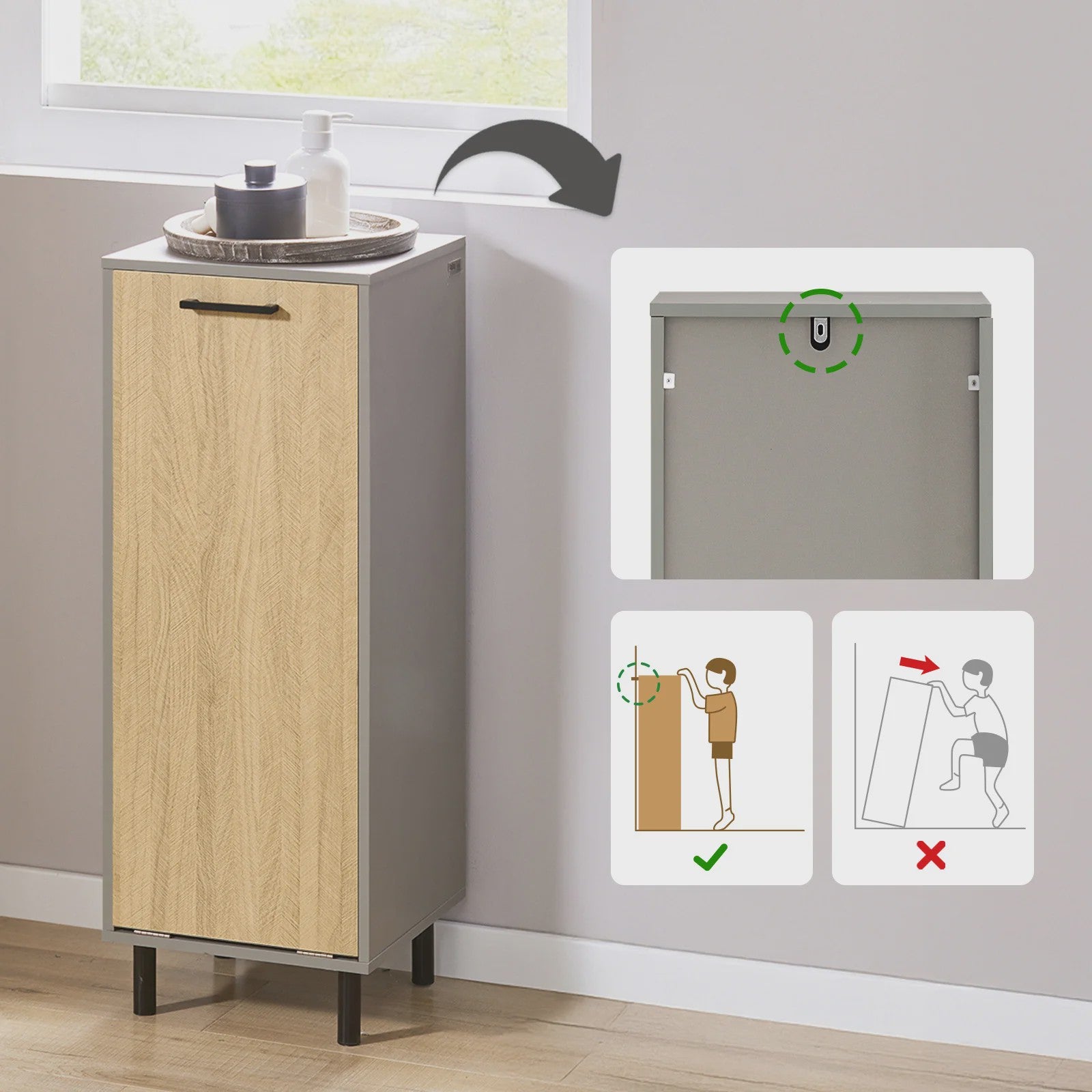 SoBuy Wasgoedkast met Uitklapbare Waszak - Badkamer Opbergkast - Natuurgrijs - 31.5x86x30cm