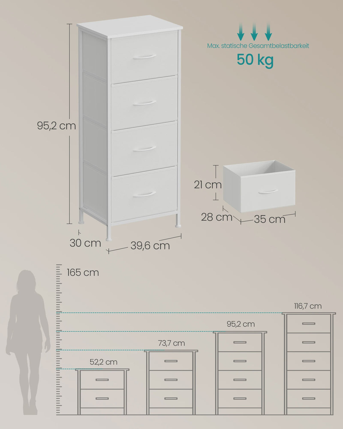 SONGMICS Ladekast met 4 Stoffen Lades - Opbergkast met Stalen Frame en MDF Topblad