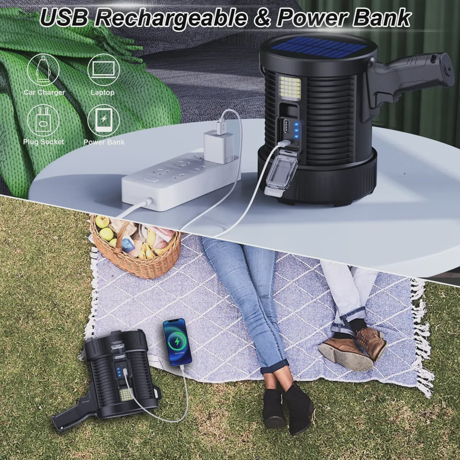 Krachtige Oplaadbare LED Spotlight 900.000 Lumen met Solar & Powerbank Functie