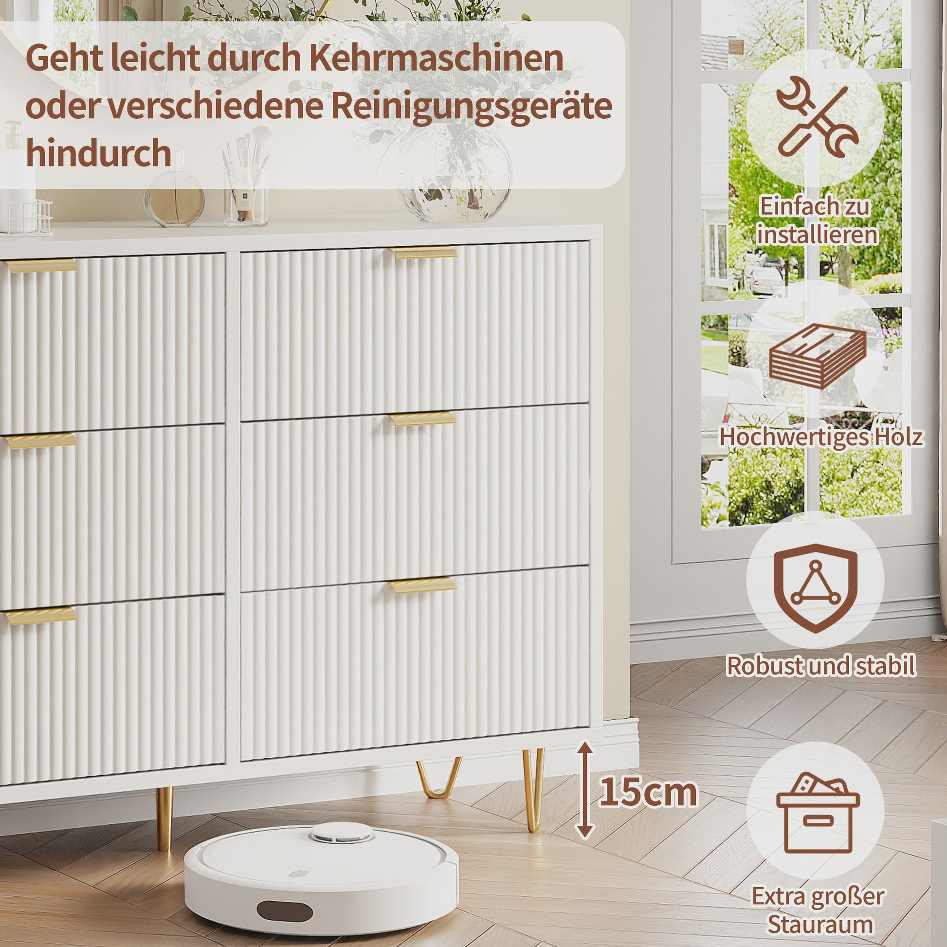 Stijlvol Wit Sideboard Kast met 6 Lades en Gouden Metalen Poten