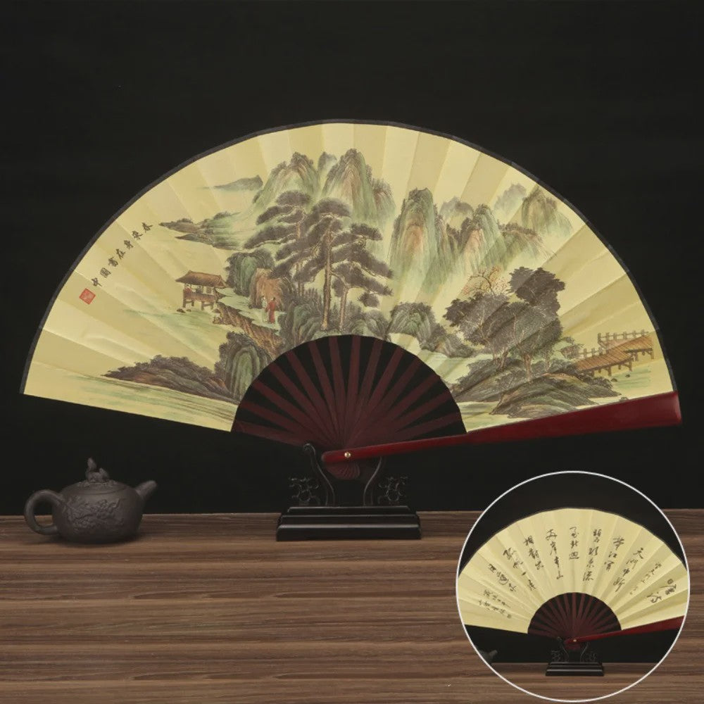 Chinese Vintage Vouwventilator 33cm met Houten Handvat - Klassiek en Stijlvol