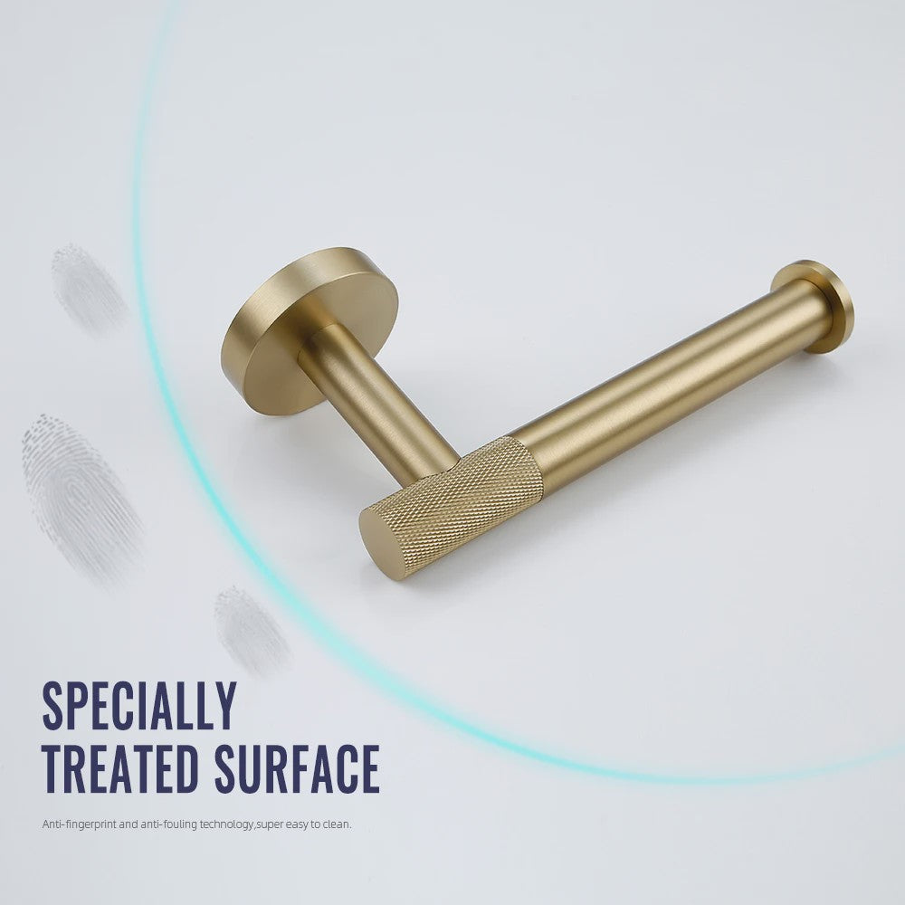 Luxe Geborsteld Gouden Badkamer Accessoires Set: Handdoekrek, Haak, Toiletrolhouder & Borstelhouder