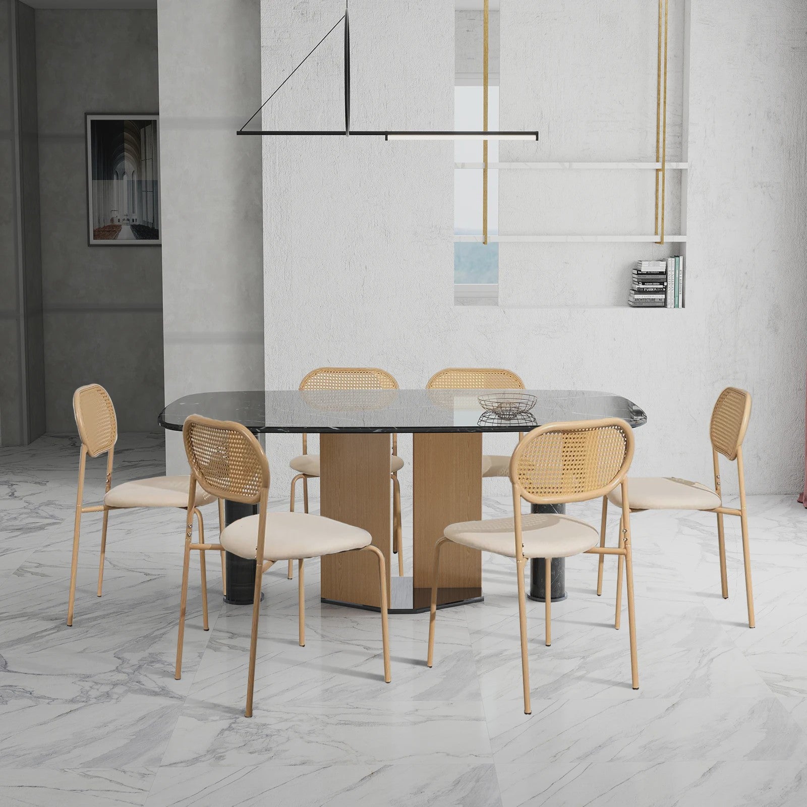 Set van 2 Eetkamerstoelen met Rotan Rugleuning - Vintage Design - Zwart/Houtkleur