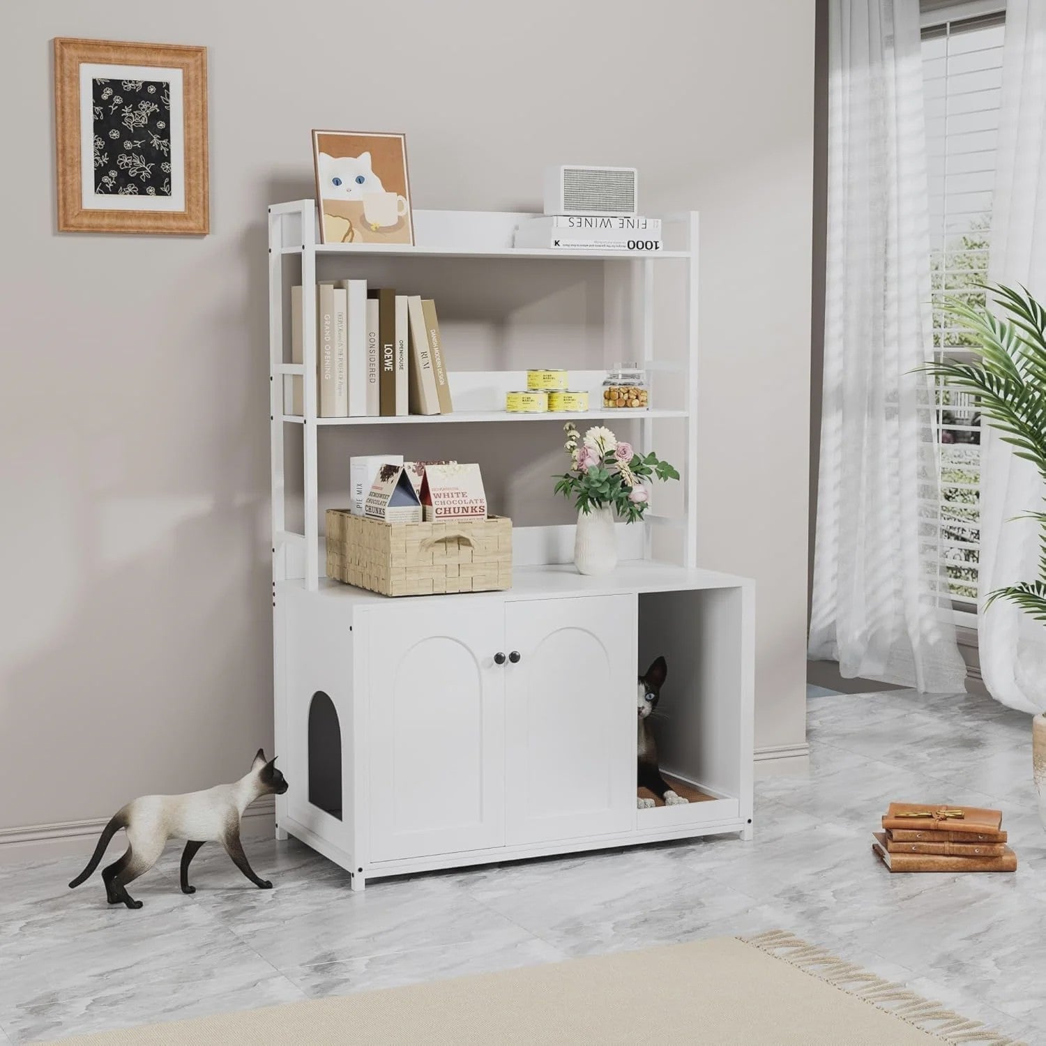 Stijlvolle Kattenbakombouw met Opbergruimte & Boekenkast - Meubel voor Huisdieren