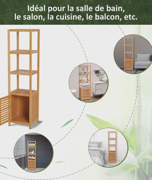 HOMCOM Bamboe Kolomkast Badkamer - 4 Niveaus met Kastje - 140 cm Hoog