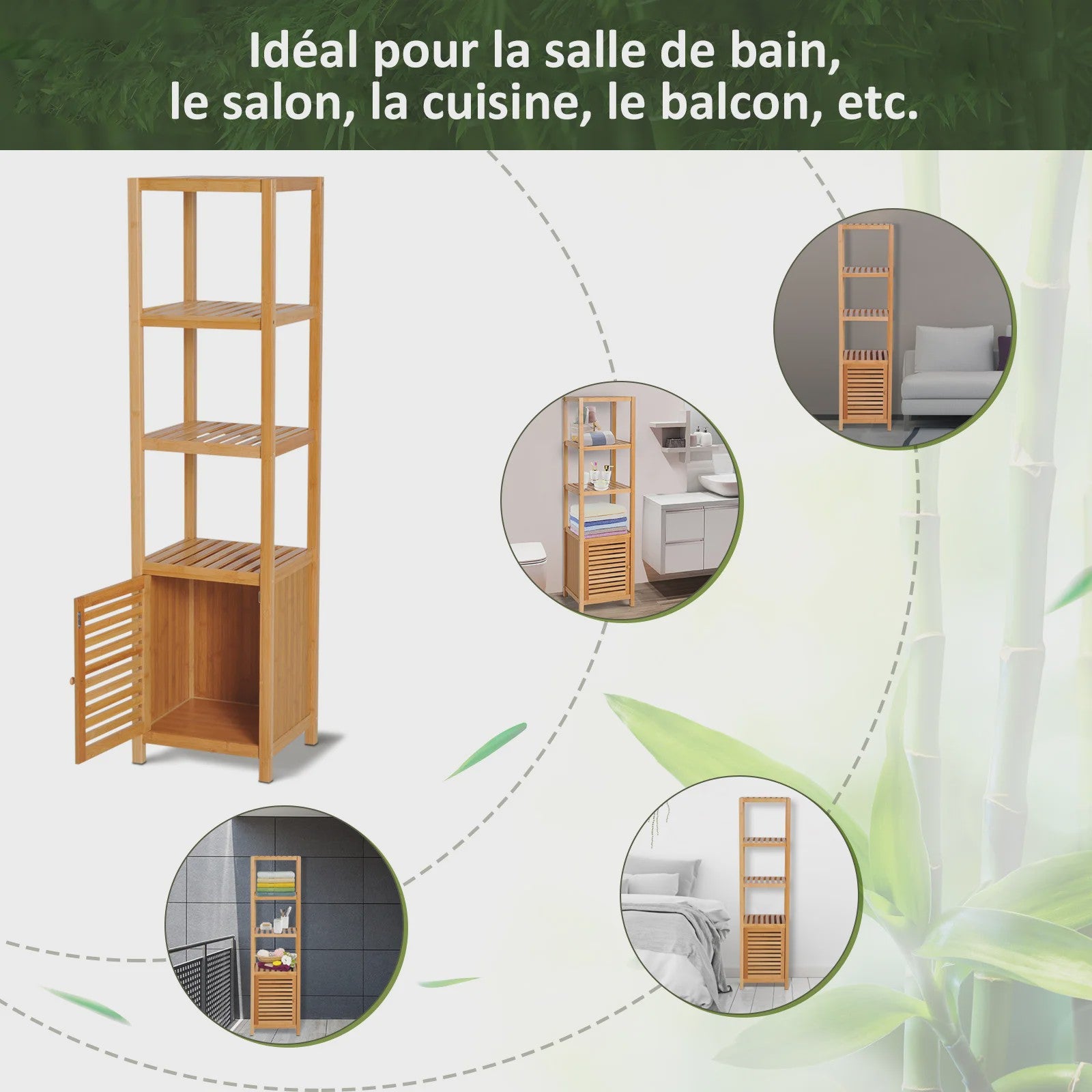 HOMCOM Bamboe Kolomkast Badkamer - 4 Niveaus met Kastje - 140 cm Hoog