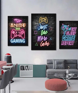 Gaming Neon Canvas Poster: Eat Sleep Game Repeat - Decoratie voor Gamer Kamer