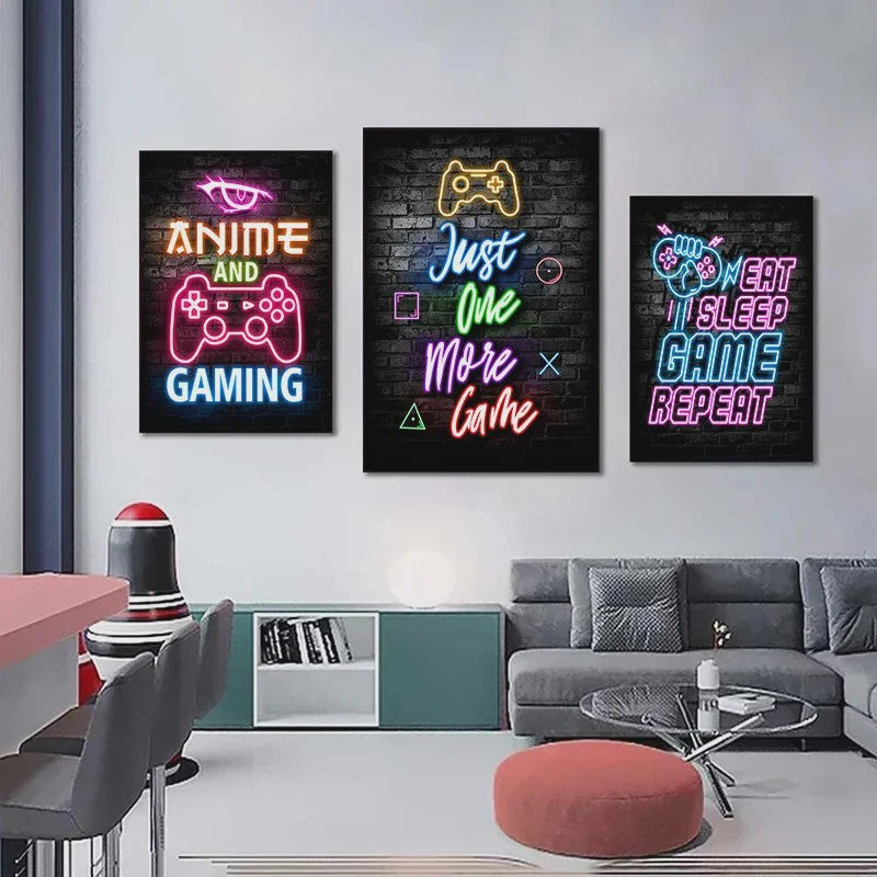 Gaming Neon Canvas Poster: Eat Sleep Game Repeat - Decoratie voor Gamer Kamer
