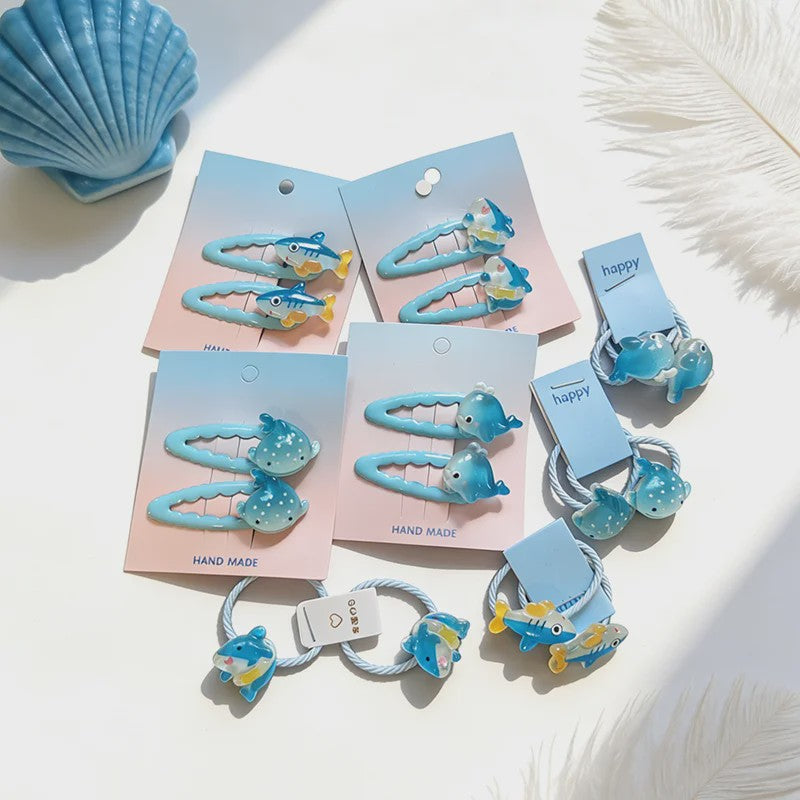 Schattige Haarklemmen & Elastiekjes Set met Haai & Visjes - 4 Delig