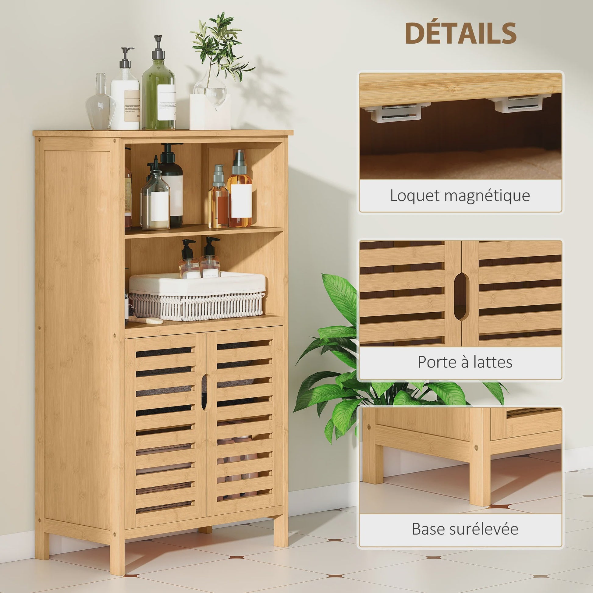 Kleankin Bamboe Badkamerkast met 2 Deuren en Open Vakken - 50x29x92 cm