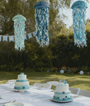 3x Blauwe Kwallen Lampionnen - Feestdecoratie Zee Thema Verjaardag & Babyshower