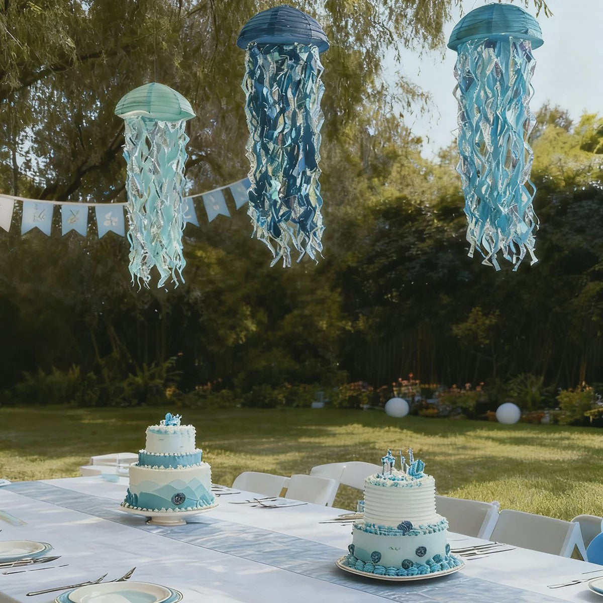 3x Blauwe Kwallen Lampionnen - Feestdecoratie Zee Thema Verjaardag & Babyshower