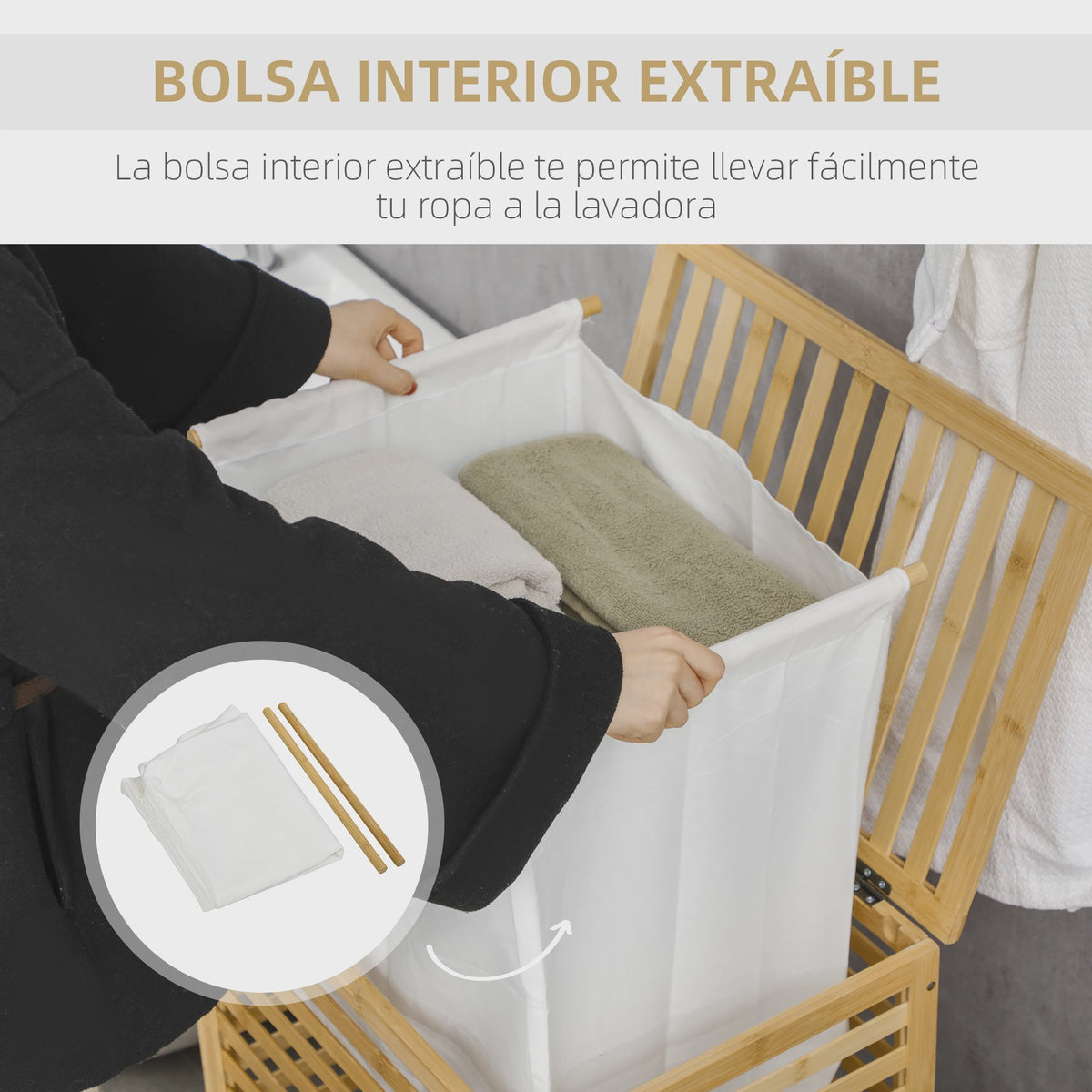 Homcom Bamboe Wasmand met Deksel - 55L - 50x36x60 cm - Naturel