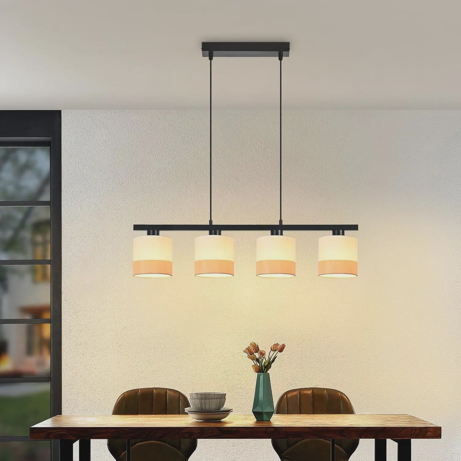 Vintage Hanglamp 4-Lichts E27 Stof met Verstelbare Hoogte voor Eetkamer, Woonkamer of Keuken