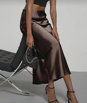 Elegante Satin Midi Rok met Hoge Taille en Draping - Veelzijdig & Chic