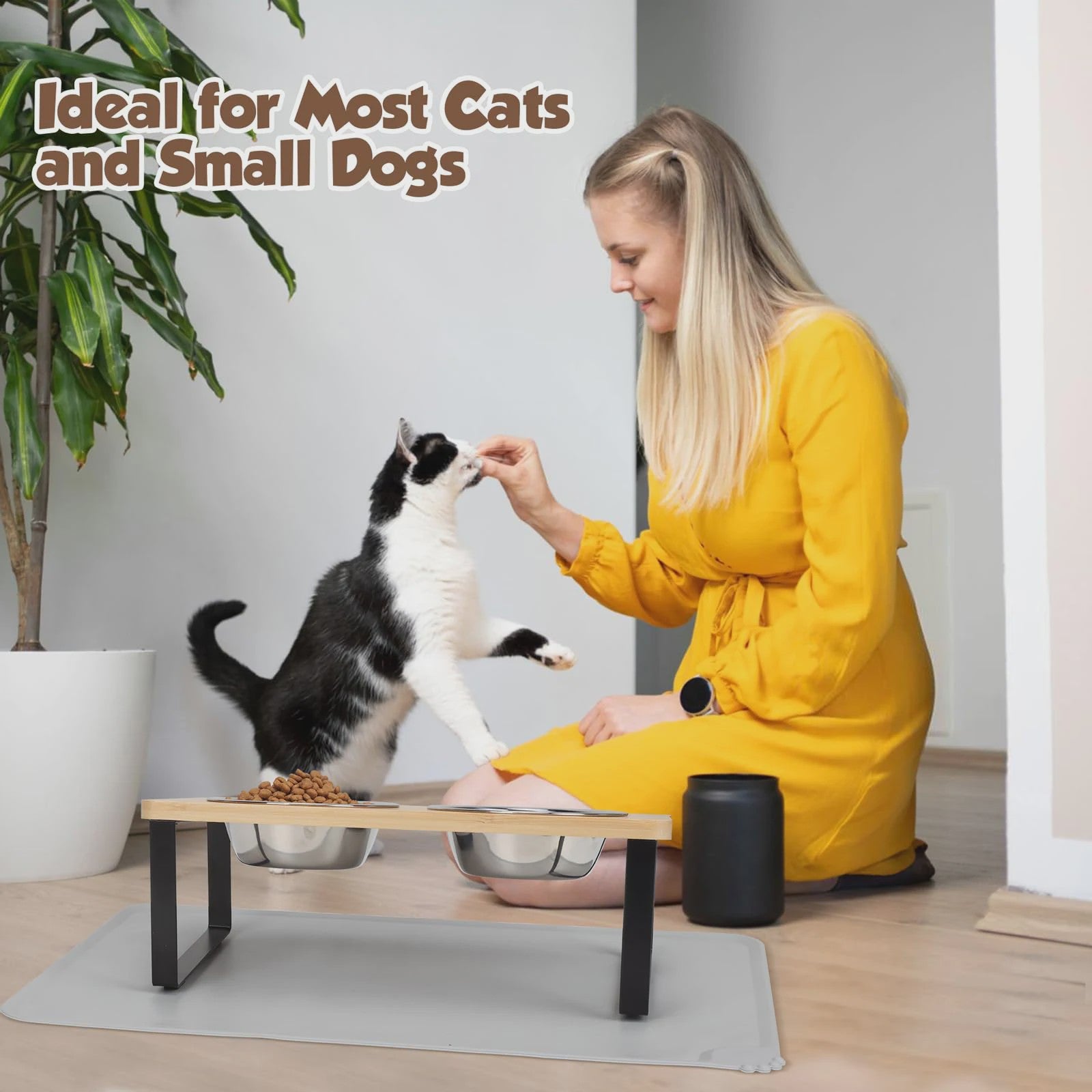 Verhoogde Kattenbakken met Houten Standaard - 15° Kantelbaar, 2 RVS Voerbakken voor Katten & Puppy's
