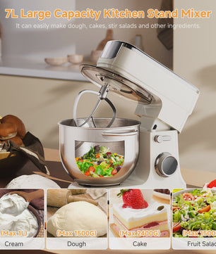 BioloMix Keukenmachine 7L - 1200W Krachtig, Met Deegmixer, Garde, Klopper & Gehaktmolen