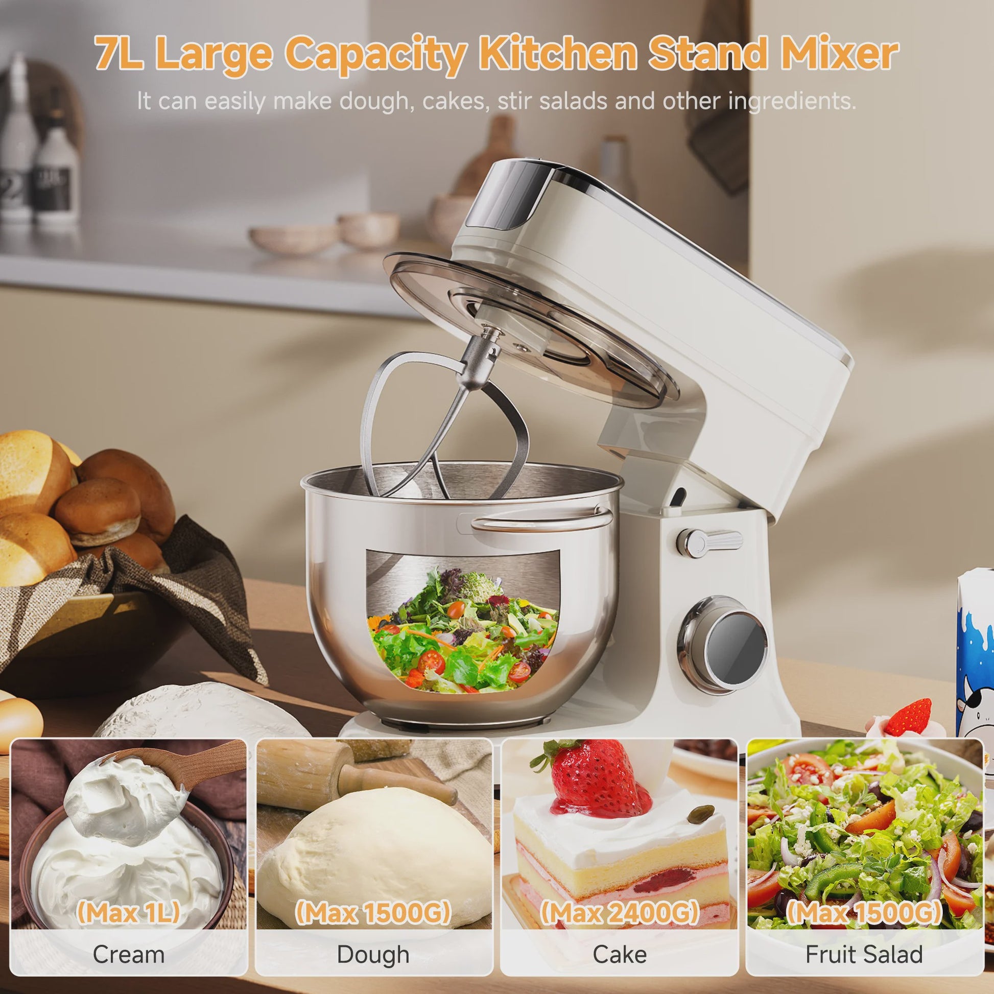BioloMix Keukenmachine 7L - 1200W Krachtig, Met Deegmixer, Garde, Klopper & Gehaktmolen