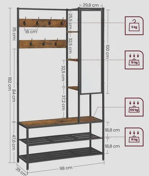 VASAGLE Kapstok met Schoenenbank, Spiegel en Opbergvakken - 35x98x182 cm - Industrieel Design