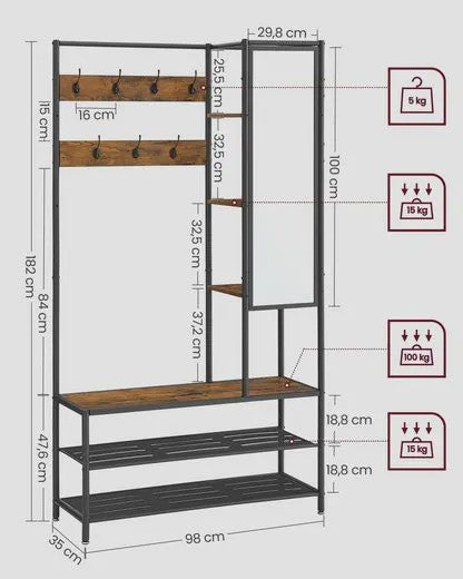 VASAGLE Kapstok met Schoenenbank, Spiegel en Opbergvakken - 35x98x182 cm - Industrieel Design