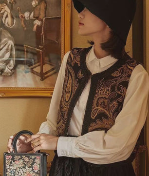 Dames Vintage Paisley Jacquard Vestje met Geborduurde Randen - Stijlvol Lente/Herfst Reisvest