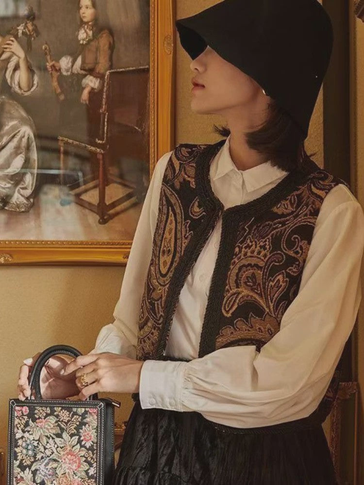 Dames Vintage Paisley Jacquard Vestje met Geborduurde Randen - Stijlvol Lente/Herfst Reisvest