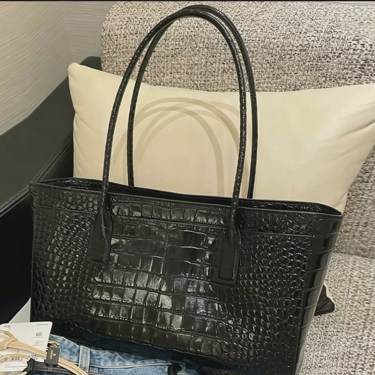 Luxe Vintage Croco Print Tote Bag - Ruime PU Lederen Schoudertas voor Dames