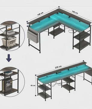 L-vormig Bureau met LED Verlichting, Stopcontacten en USB-poorten - Modern Grijs Design