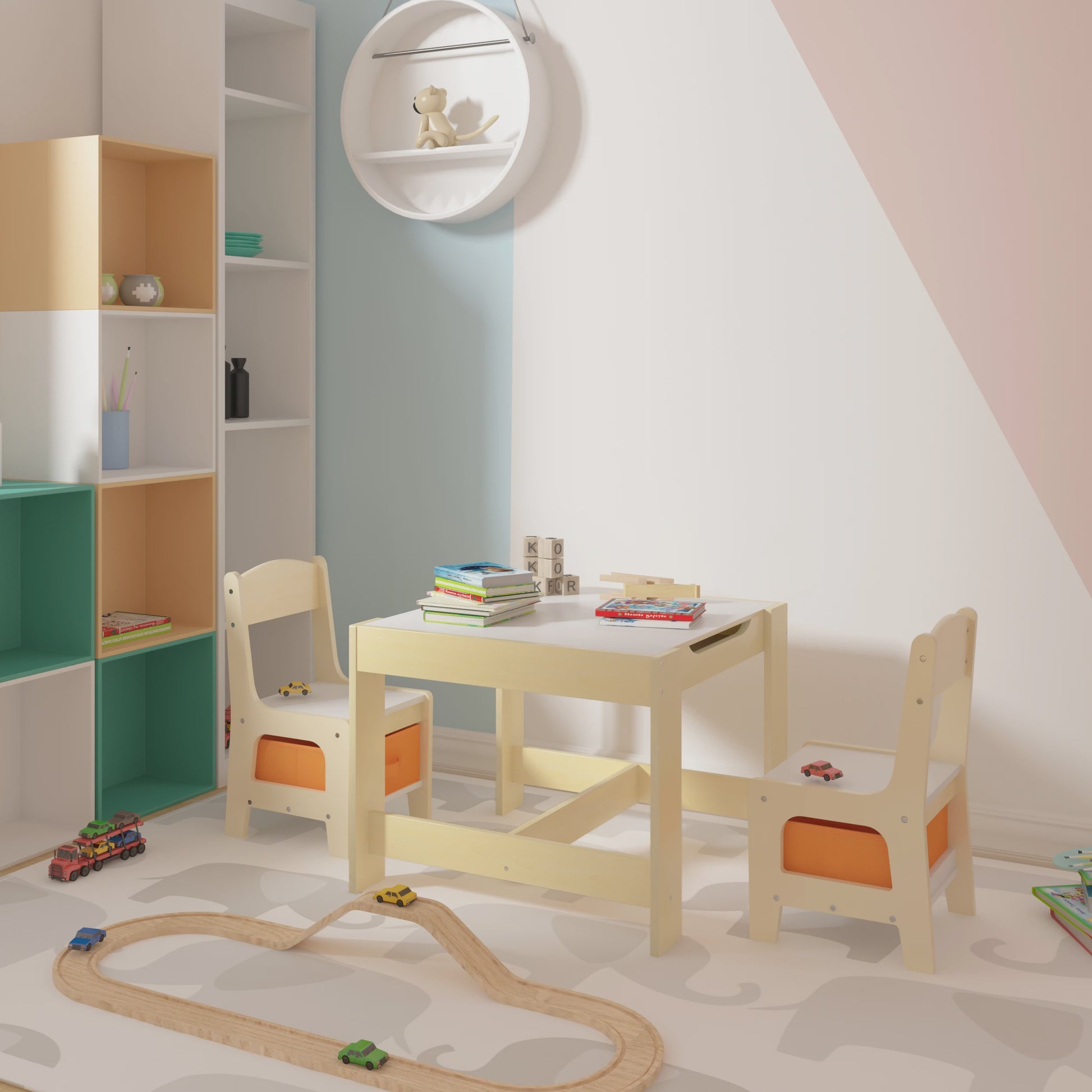 Houten Kinder Speeltafel met 2 Stoeltjes en Opbergruimte