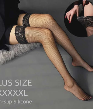 Zwarte Visnet Kousen met Kanten Boord - Dijhoog & Over de Knie - Plus Size XXXXL - Anti-slip Siliconen