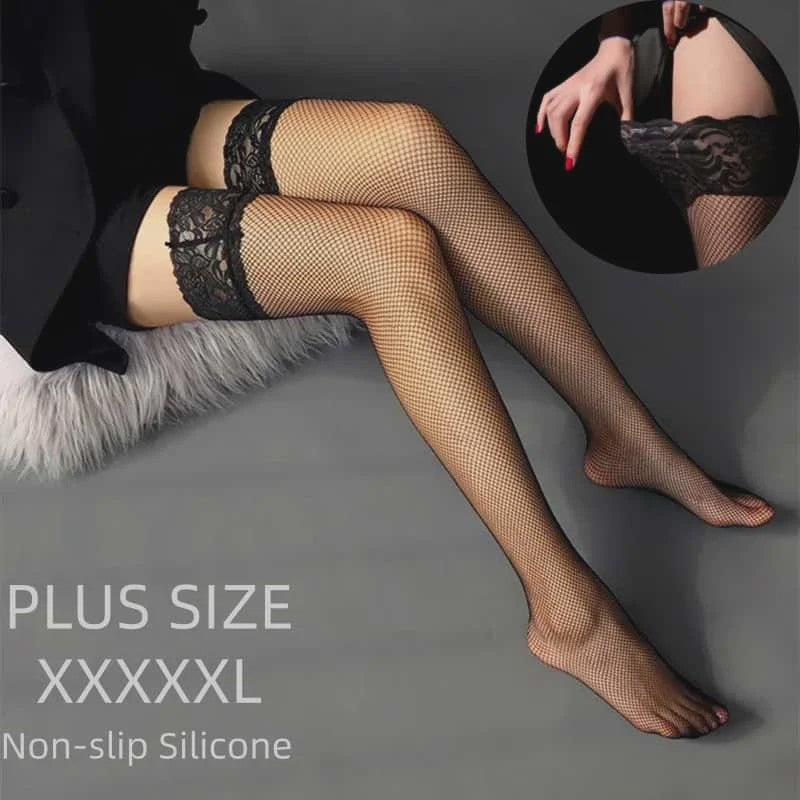 Zwarte Visnet Kousen met Kanten Boord - Dijhoog & Over de Knie - Plus Size XXXXL - Anti-slip Siliconen