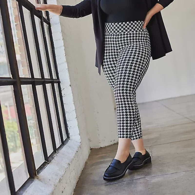 Plus Size Leggings Dames met Pied-de-Poule Print - Hoge Taille Capri Broek