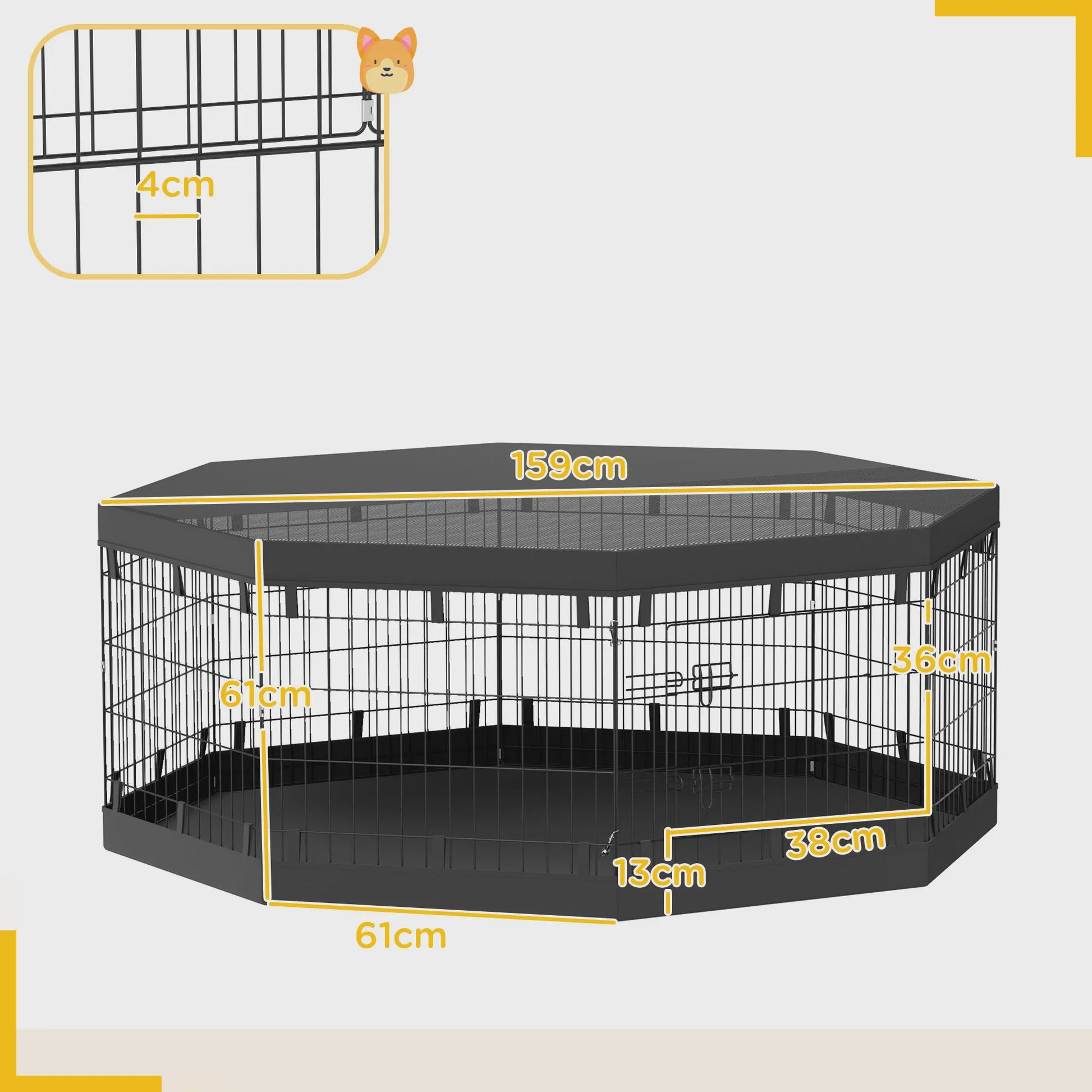 PawHut Opvouwbare Hondenren Binnen - 8 Panel, Met Deur & Dak - Staal, 61x61 cm - Zwart